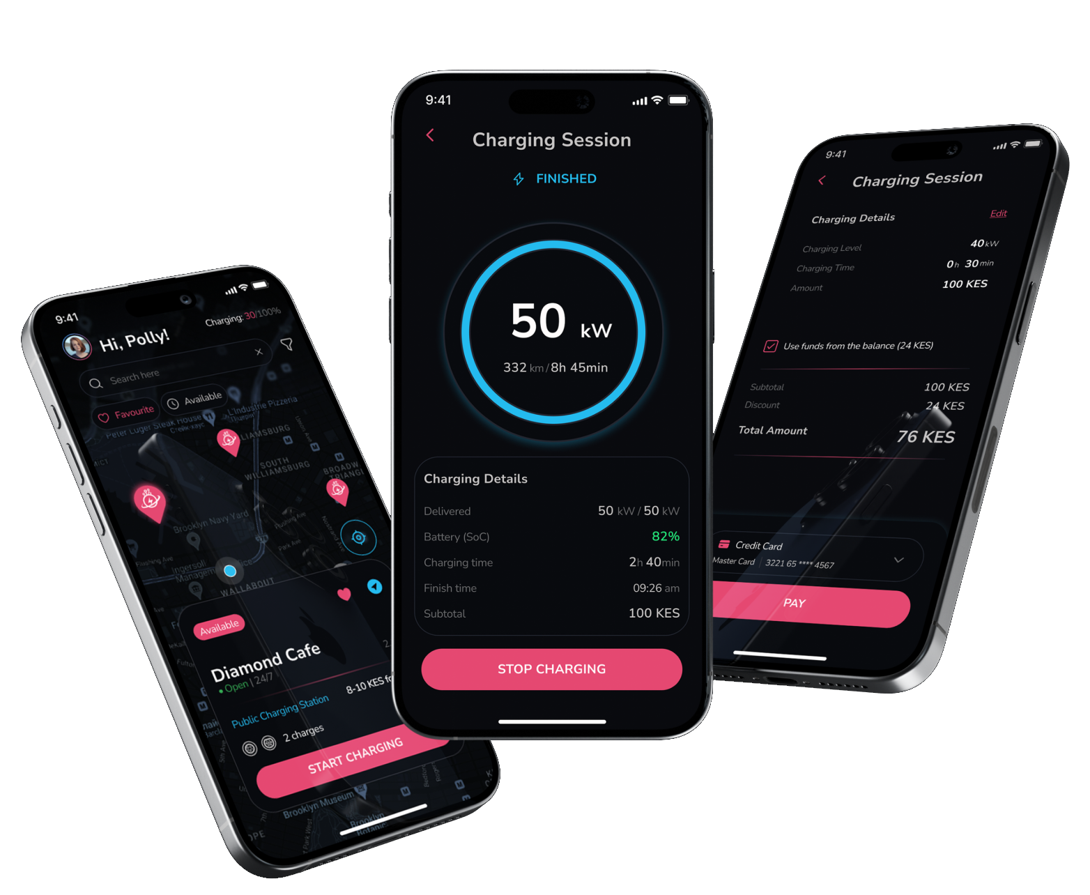 SupaChaja app screens showing a fleet charging session