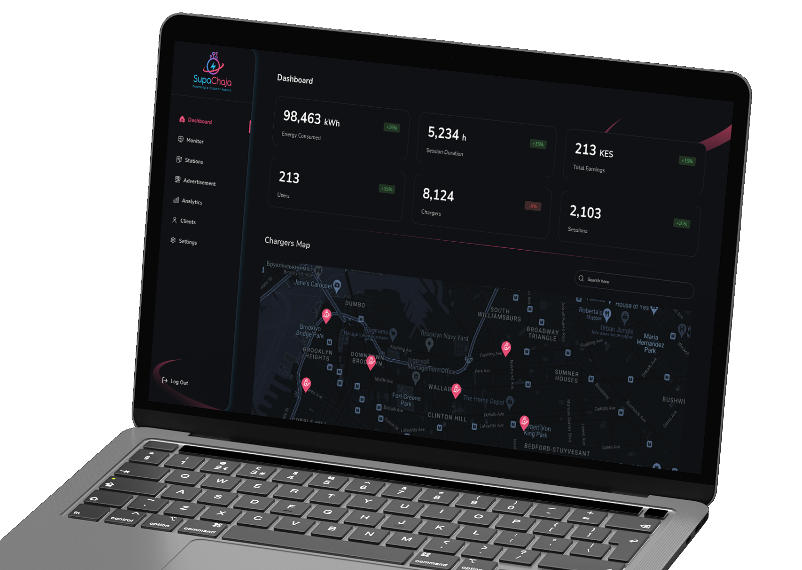 SupaChaja CPMS dashboard with a chargers map