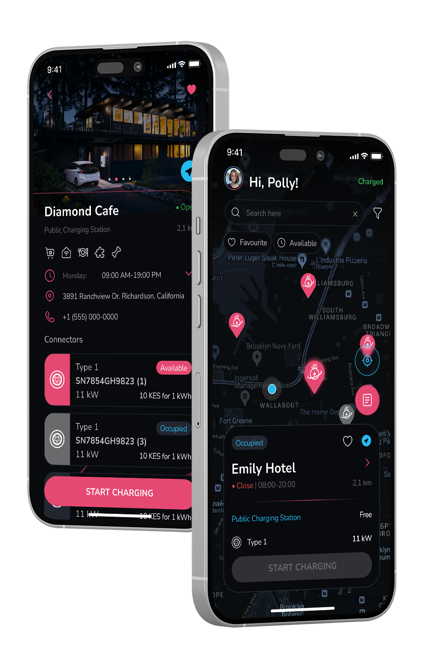 SupaChaja mobile app showing a charging station and a map of nearby chargers