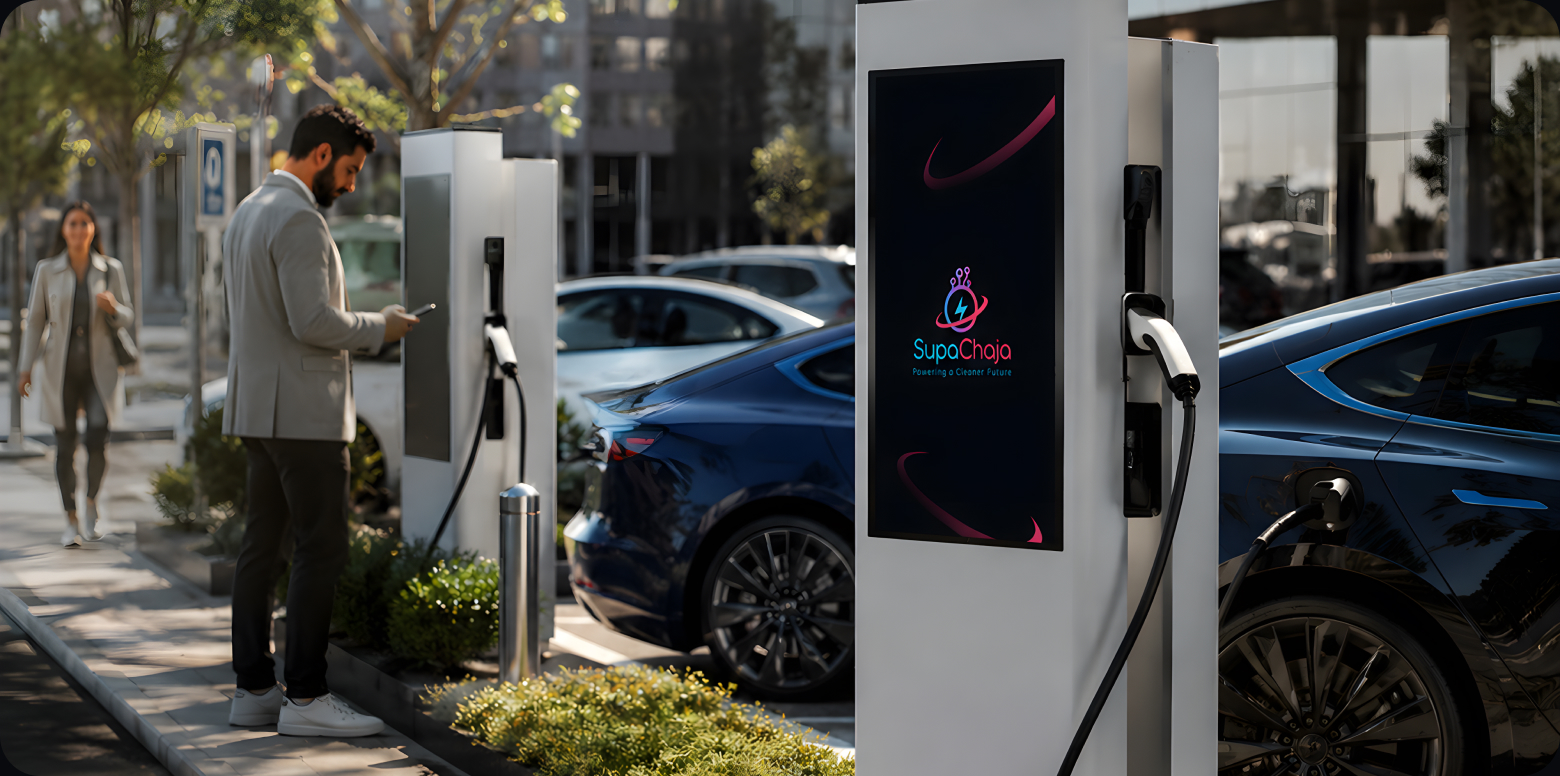 Drivers charging their electric cars at a SupaChaja station